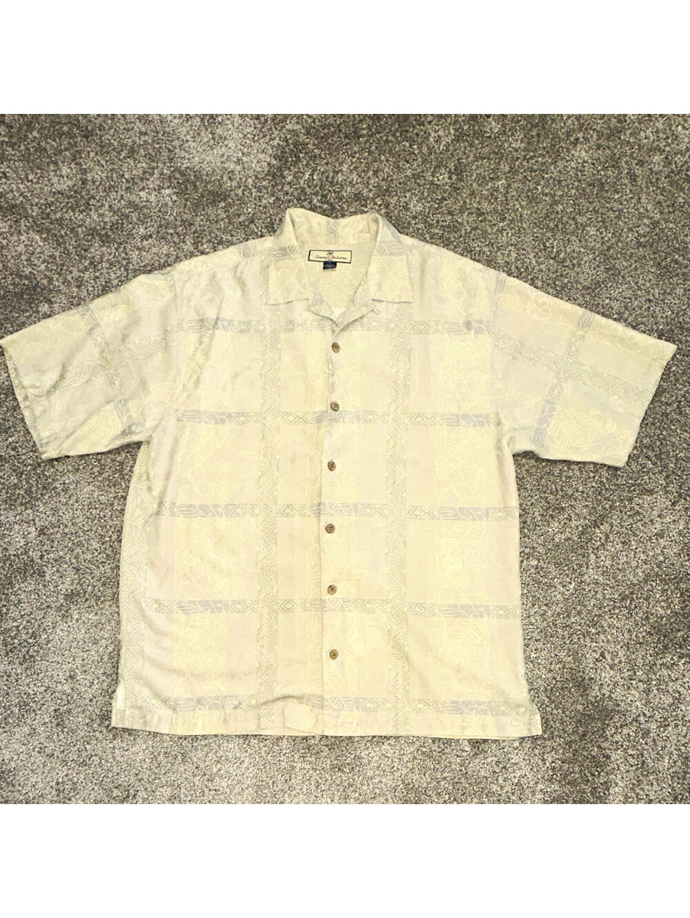 Tommy Bahama Men's Medium Silk Camp Shirt Geometric Print Beige Short Sleeve